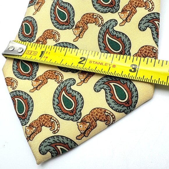 Salvatore Ferragamo Neck Tie Yellow Green Paisley Cheetah Print 100% Silk - Picture 2 of 7